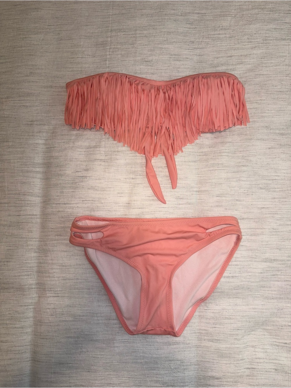 Fringe Bandeau Bikini Set in Coral Pink